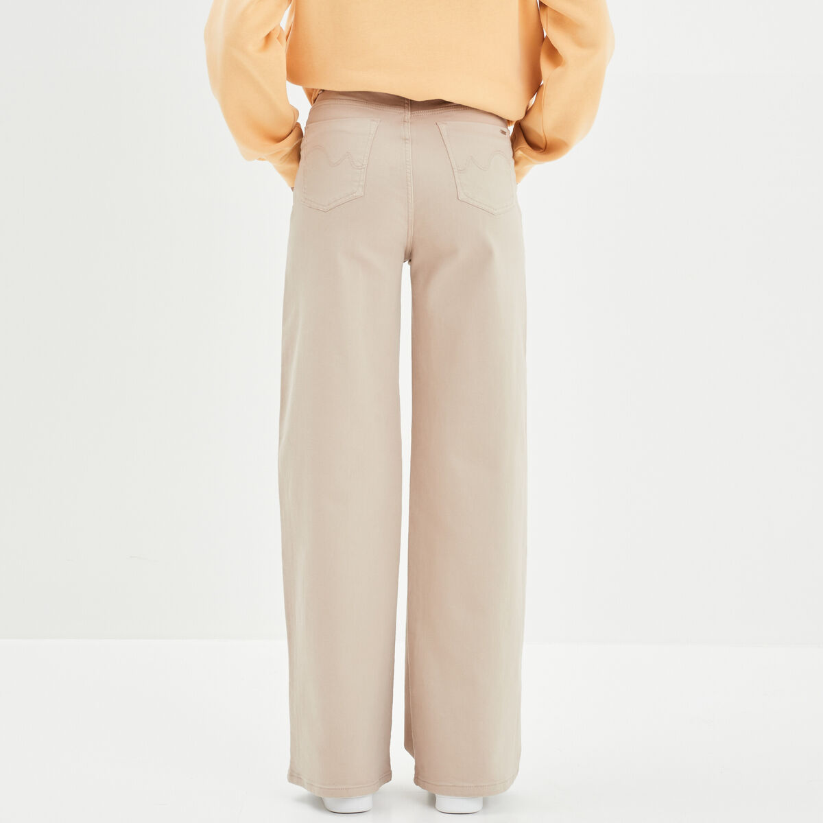 Pantalon large taille haute beige femme