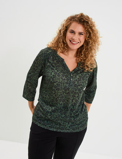T-shirt col tunisien manches 3/4 vert kaki femme grande taille