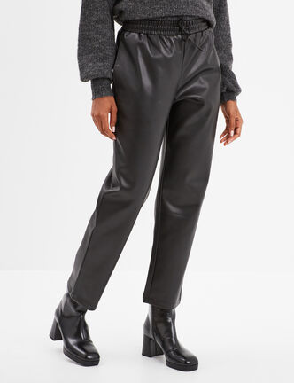 Pantalon simili cuir taille élastiquée noir femme