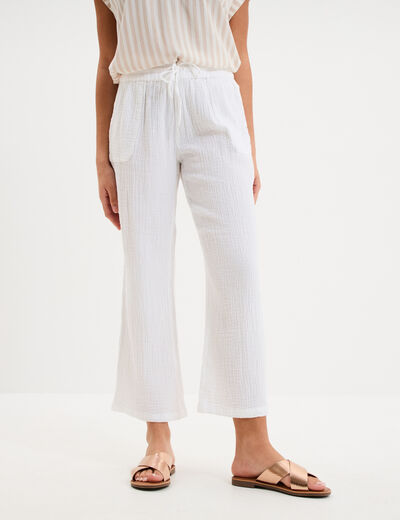 Pantalon fluide &eacute;lastiqu&eacute; gaze de coton blanc femme