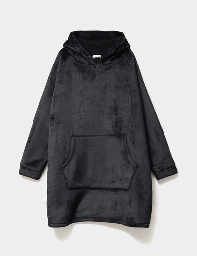 Poncho plaid effet velours &agrave; capuche gris fonc&eacute; femme