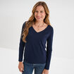 T-shirt col en V manches longues coton bleu marine femme