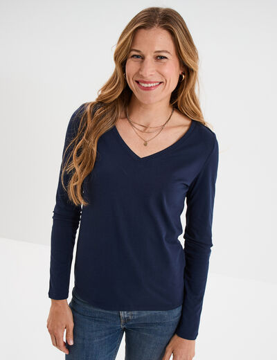 T-shirt col en V manches longues coton bleu marine femme