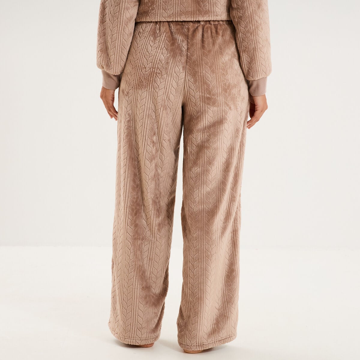 Pantalon effet polaire d&eacute;tails torsades beige femme
