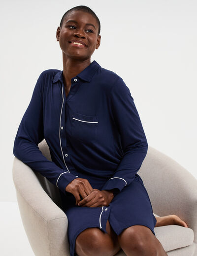Chemise de nuit liquette boutonn&eacute;e bleu marine femme