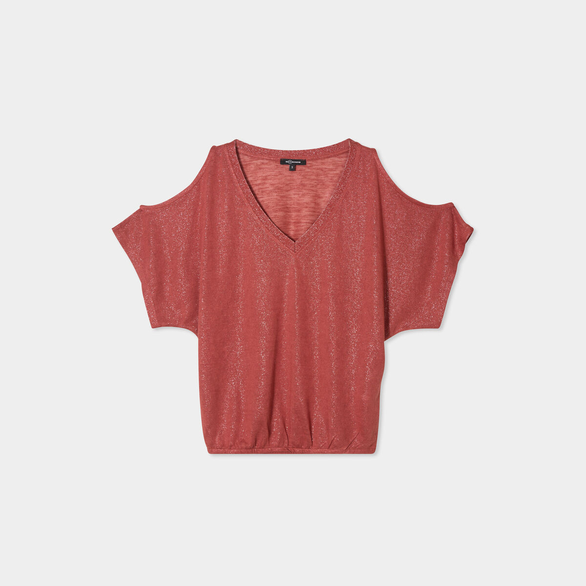 T-shirt épaules ouvertes col en V marron cognac femme
