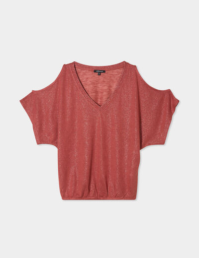 T-shirt épaules ouvertes col en V marron cognac femme