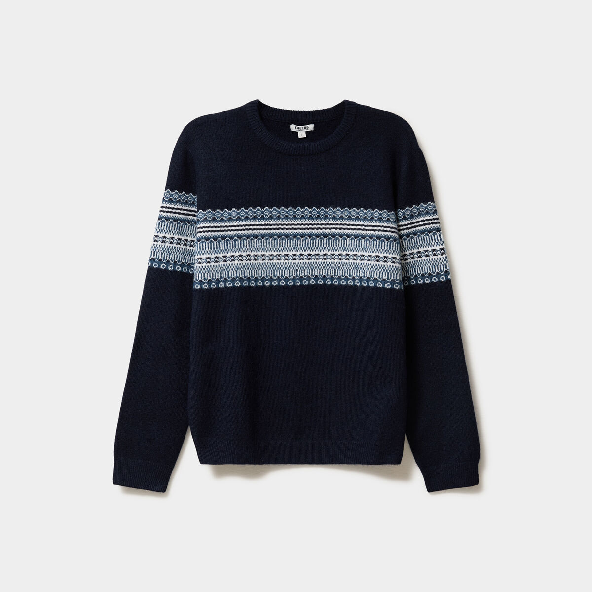 Pull jacquard col rond manches longues bleu fonc&eacute; homme