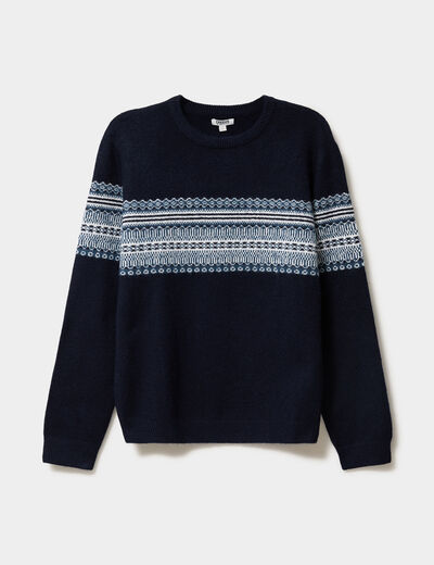 Pull jacquard col rond manches longues bleu fonc&eacute; homme
