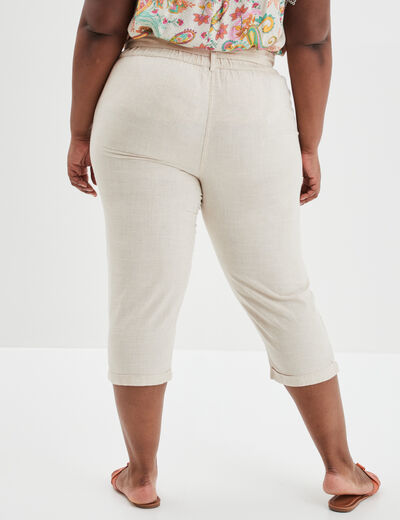 Pantacourt droit ceinturé mélange de lin beige femme grande taille