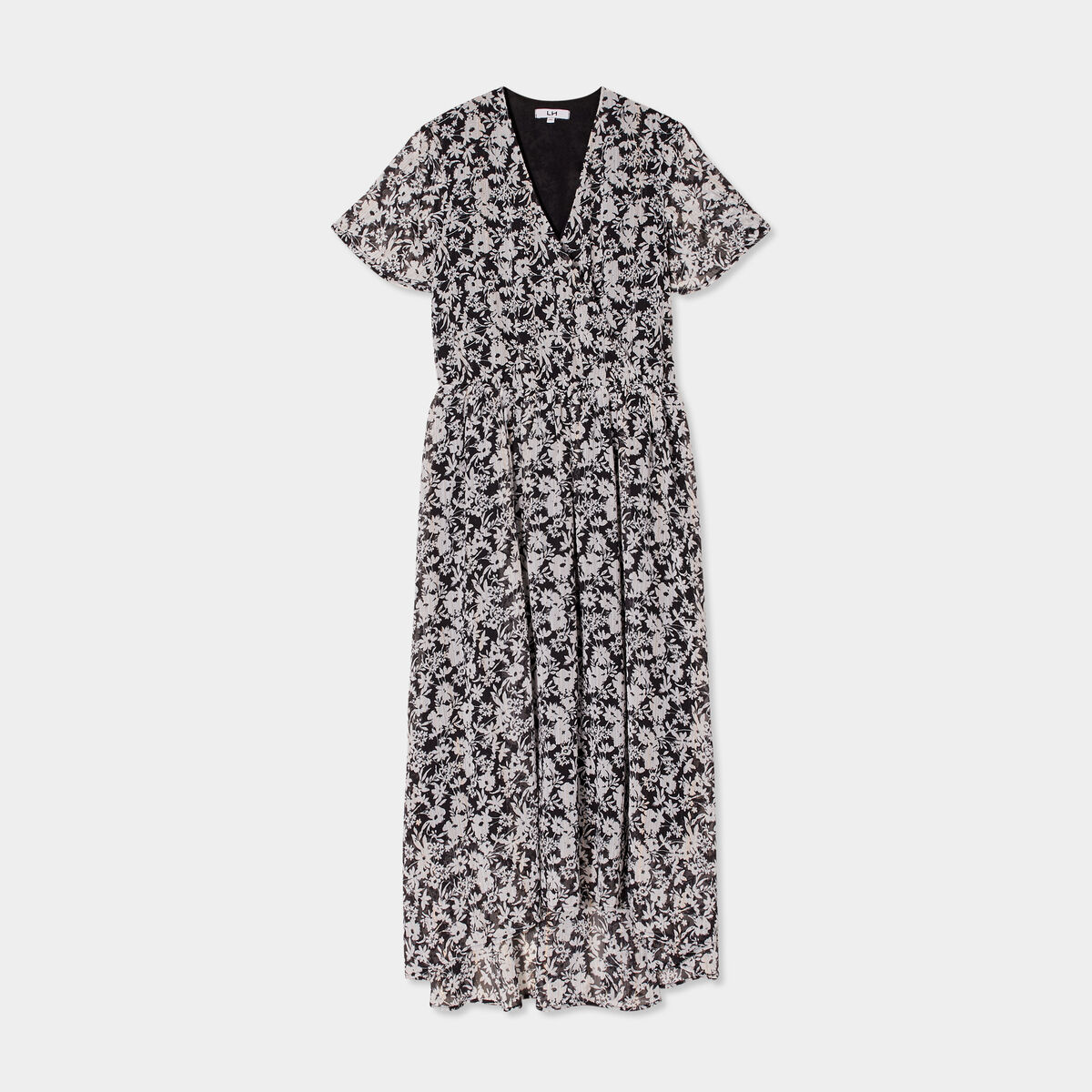 Robe longue évasée col cache-coeur noir femme
