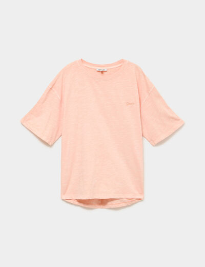 T-shirt col rond manches courtes coton orange corail femme