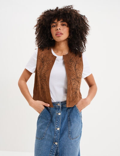 Veste sans manches brod&eacute;e en su&eacute;dine marron femme