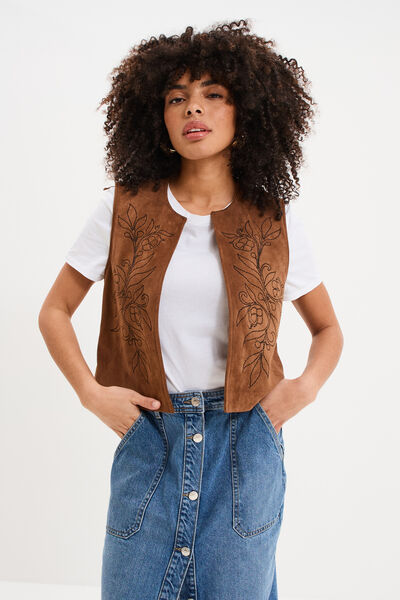 Veste sans manches brod&eacute;e en su&eacute;dine marron femme