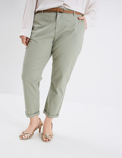 Pantalon chino cigarette ceinturé coton vert kaki femme grande taille