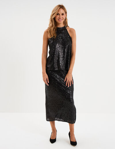 Jupe longue &agrave; sequins noir femme