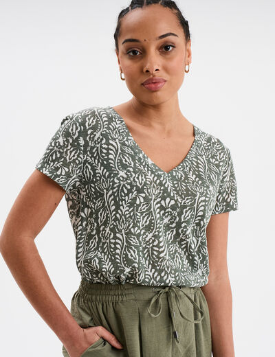 T-shirt col en V manches courtes vert kaki femme