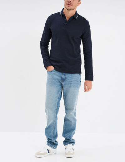 Polo droit manches longues coton bleu foncé homme