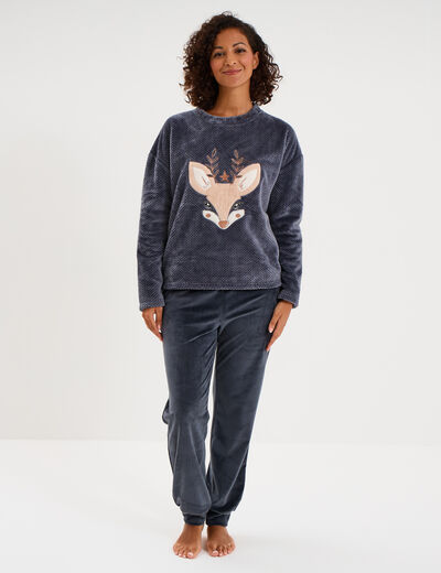 Ensemble pyjama pantalon polaire bleu gris femme