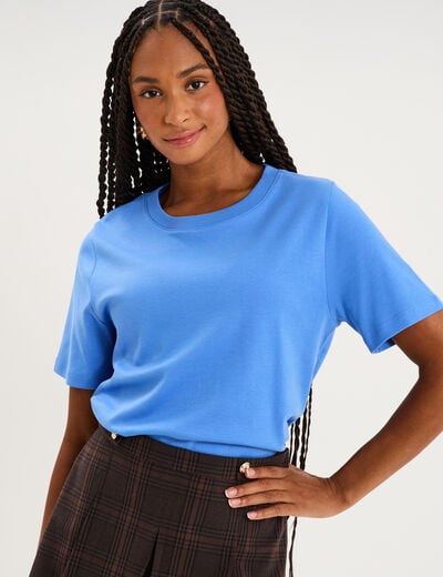 T-shirt col rond manches courtes coton bleu electrique femme