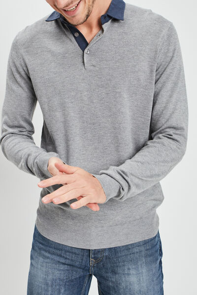 Pull avec col polo gris clair homme