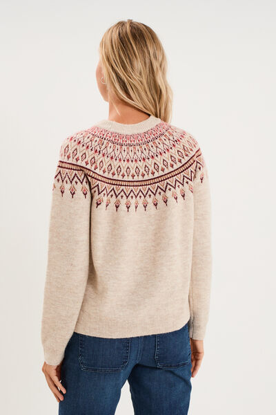 Pull jacquard col rond manches longues ecru femme