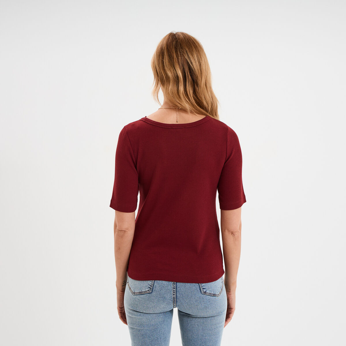 T-shirt col rond manches courtes coton bordeaux femme