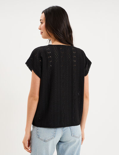 T-shirt broderie anglaise col en V noir femme