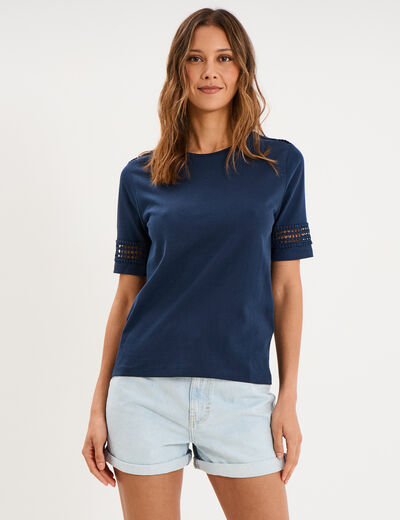 T-shirt avec broderie col rond coton bleu marine femme