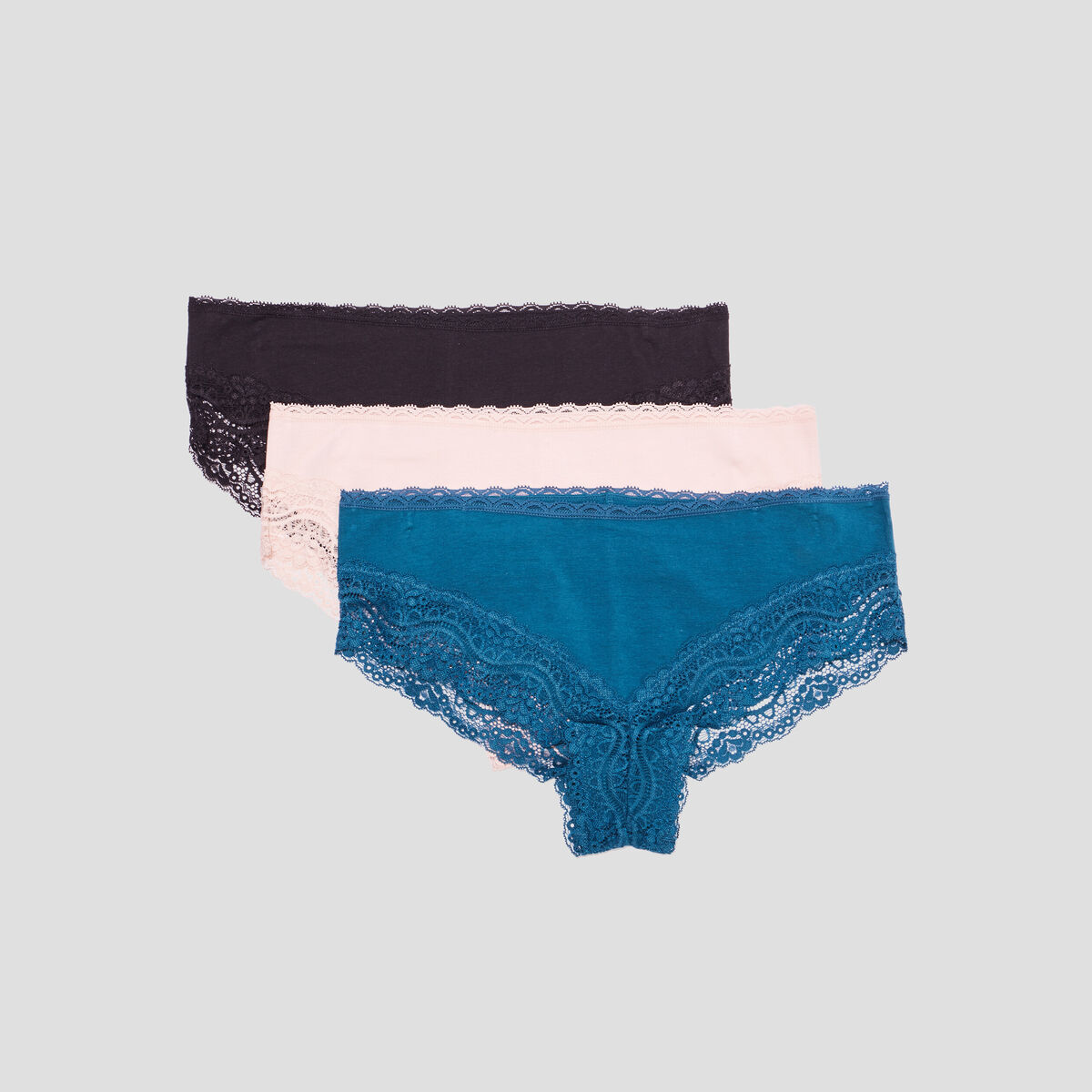 Lot 3 shortys en coton avec dentelle rose poudr&eacute;e femme