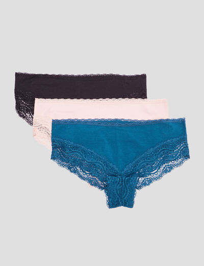 Lot 3 shortys en coton avec dentelle rose poudrée femme