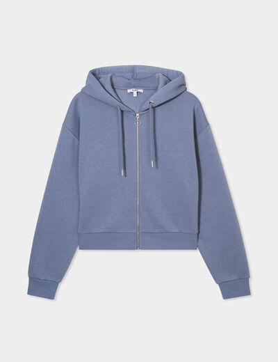 Sweat zippé à capuche court bleu gris femme