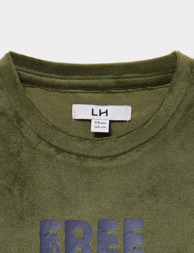 Ensemble pyjama t-shirt effet velours vert kaki gar&ccedil;on