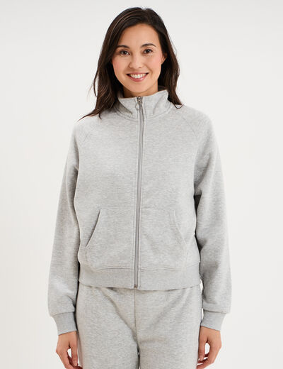 Sweat zipp&eacute; molleton col montant gris clair femme
