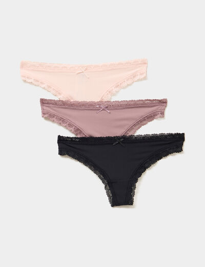 Lot 3 tangas côtelés à dentelle rose clair femme