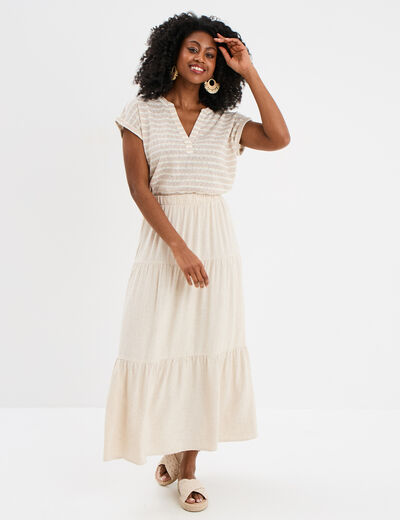Jupe midi évasée lin mélangé beige femme