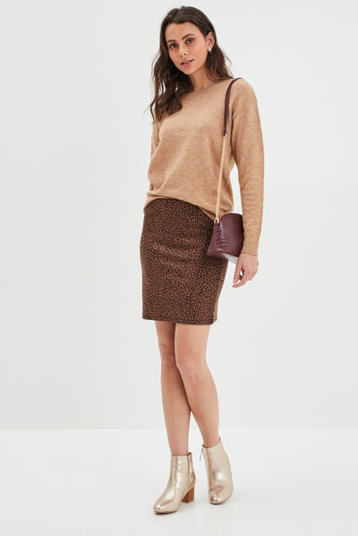 Pull col rond manches longues marron clair femme