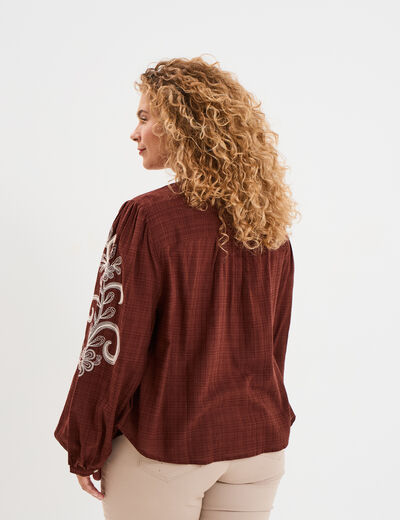 Blouse manches brodées col tunisien marron femme grande taille