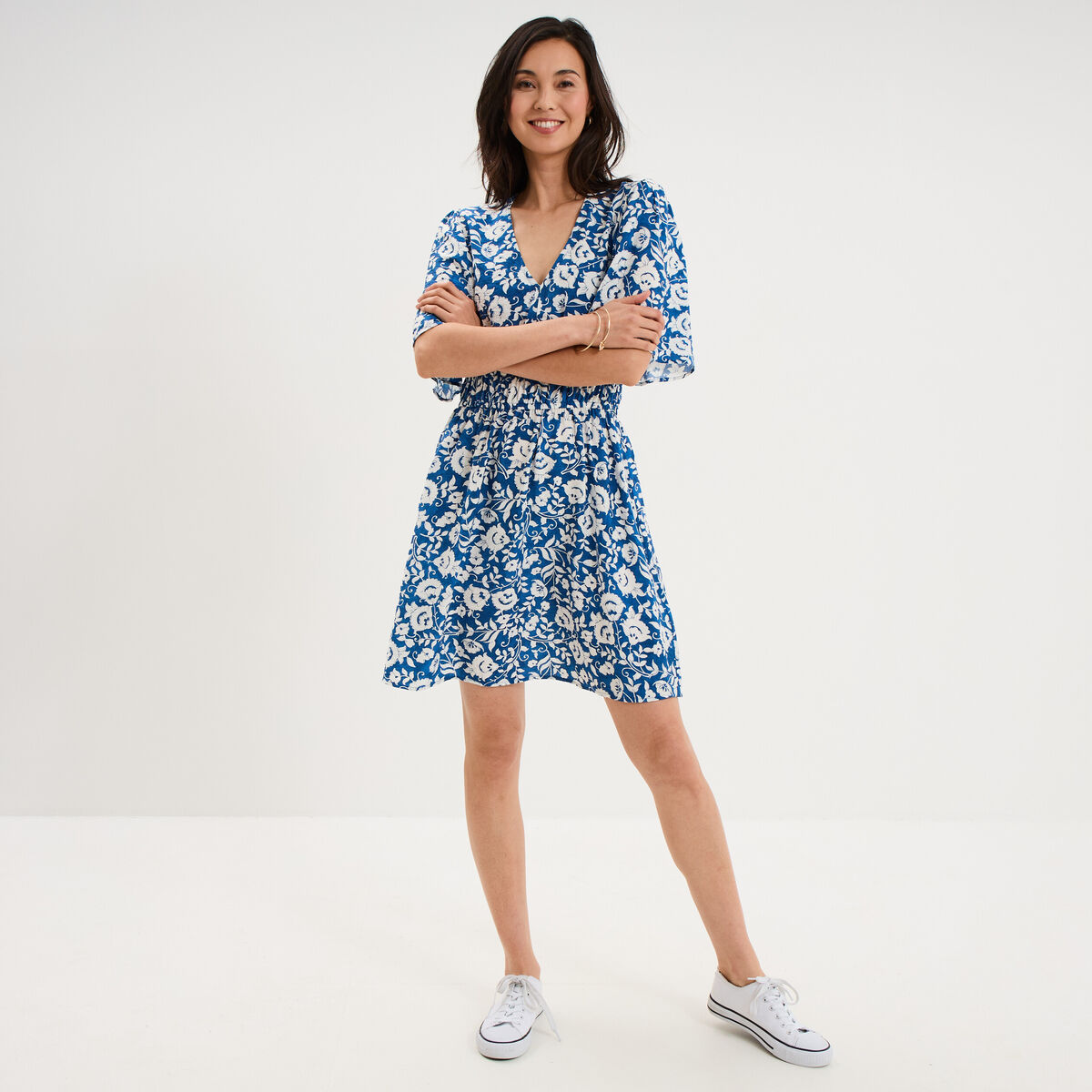 Robe courte taille &eacute;lastiqu&eacute;e bleu marine femme