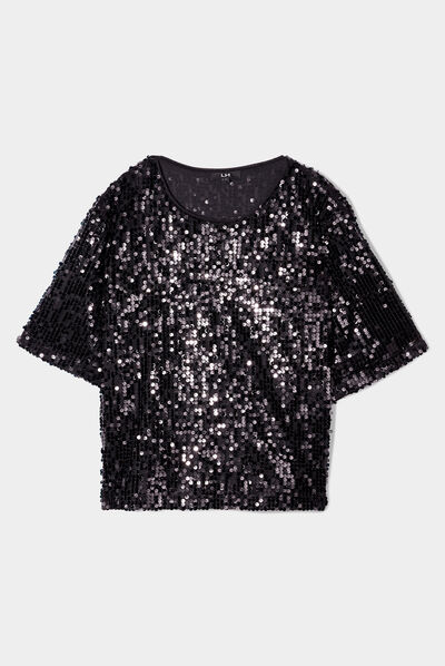T-shirt à sequins manches courtes droit noir femme