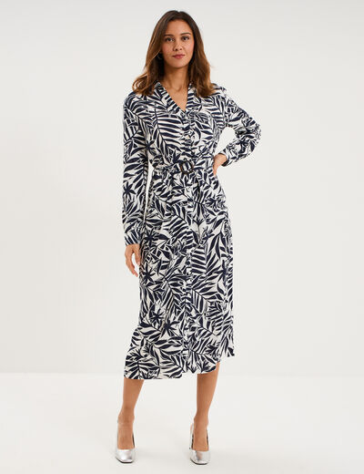 Robe chemise longue ceintur&eacute;e ecru femme