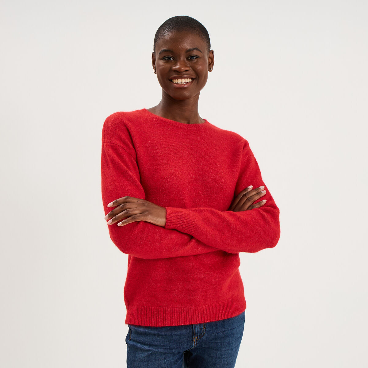 Pull col rond manches longues rouge femme