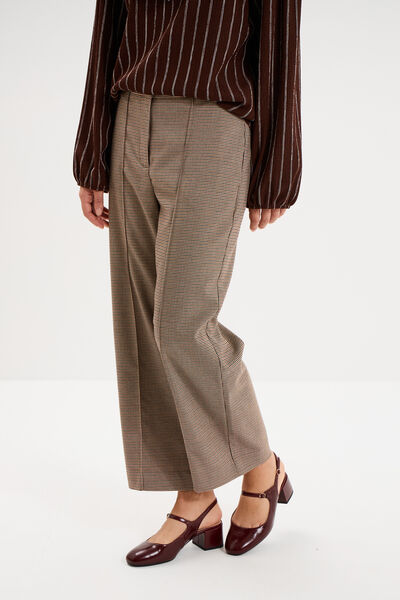 Pantalon droit cropped taille haute marron femme