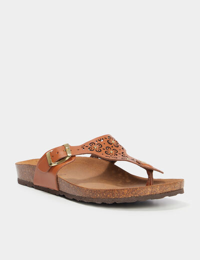 Mules détails perforés en cuir marron femme