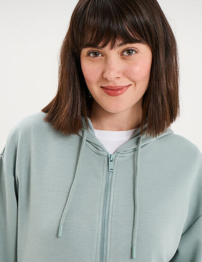 Sweat zipp&eacute; &agrave; capuche bleu gris femme