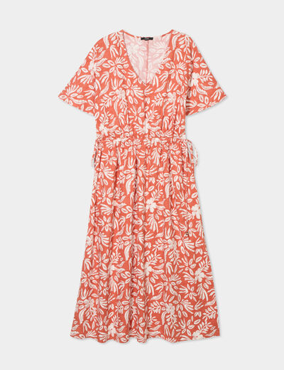 Robe midi cordons taille évasée terracotta femme