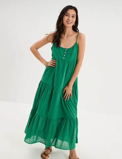 Robe longue &agrave; volants fines bretelles vert canard femme