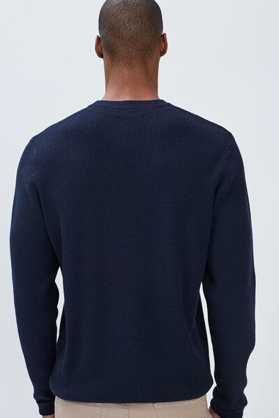 Pull avec col rond à relief bleu marine homme
