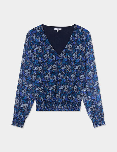 Blouse col en V manches longues bleu femme