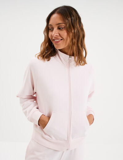 Sweat zipp&eacute; molleton col montant rose clair femme
